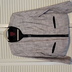 Black and white tweed polyester cotton zip-front collarless jacket size 14.